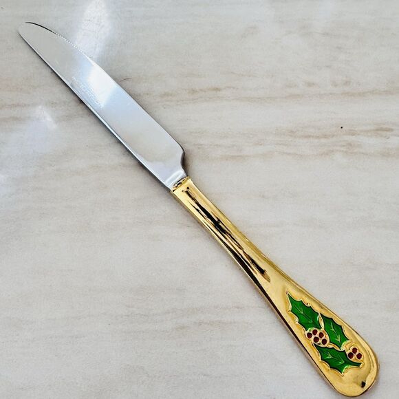 4pc CAMBRIDGE Dinner Knife 9” Gold Electroplate Holly Berry Christmas Japan - Picture 2 of 9